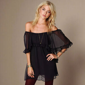 Free People Sheer Black Off Shoulder Ruffle Mini Dress Size S